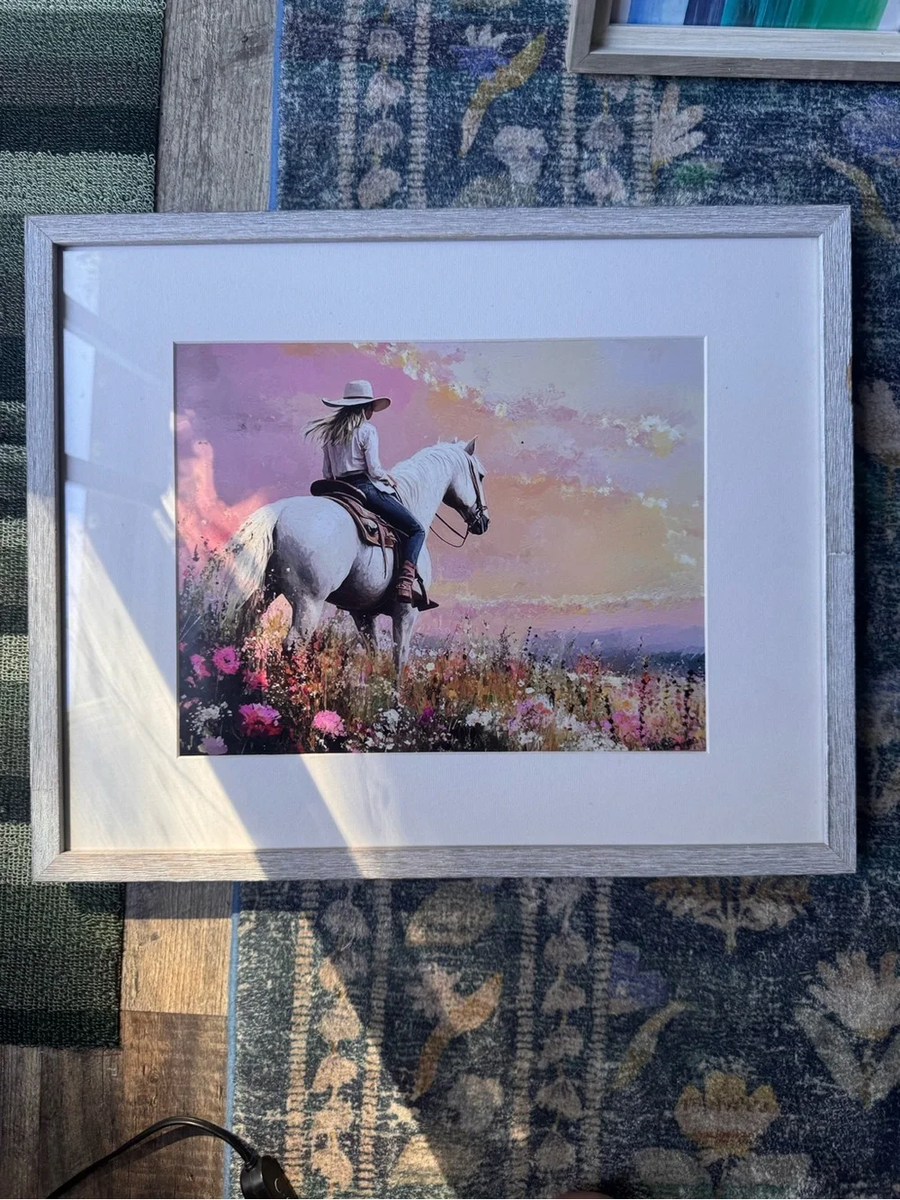 Framed White Horse Rider Art Print in Pastel Pink and Purple -11”x14”